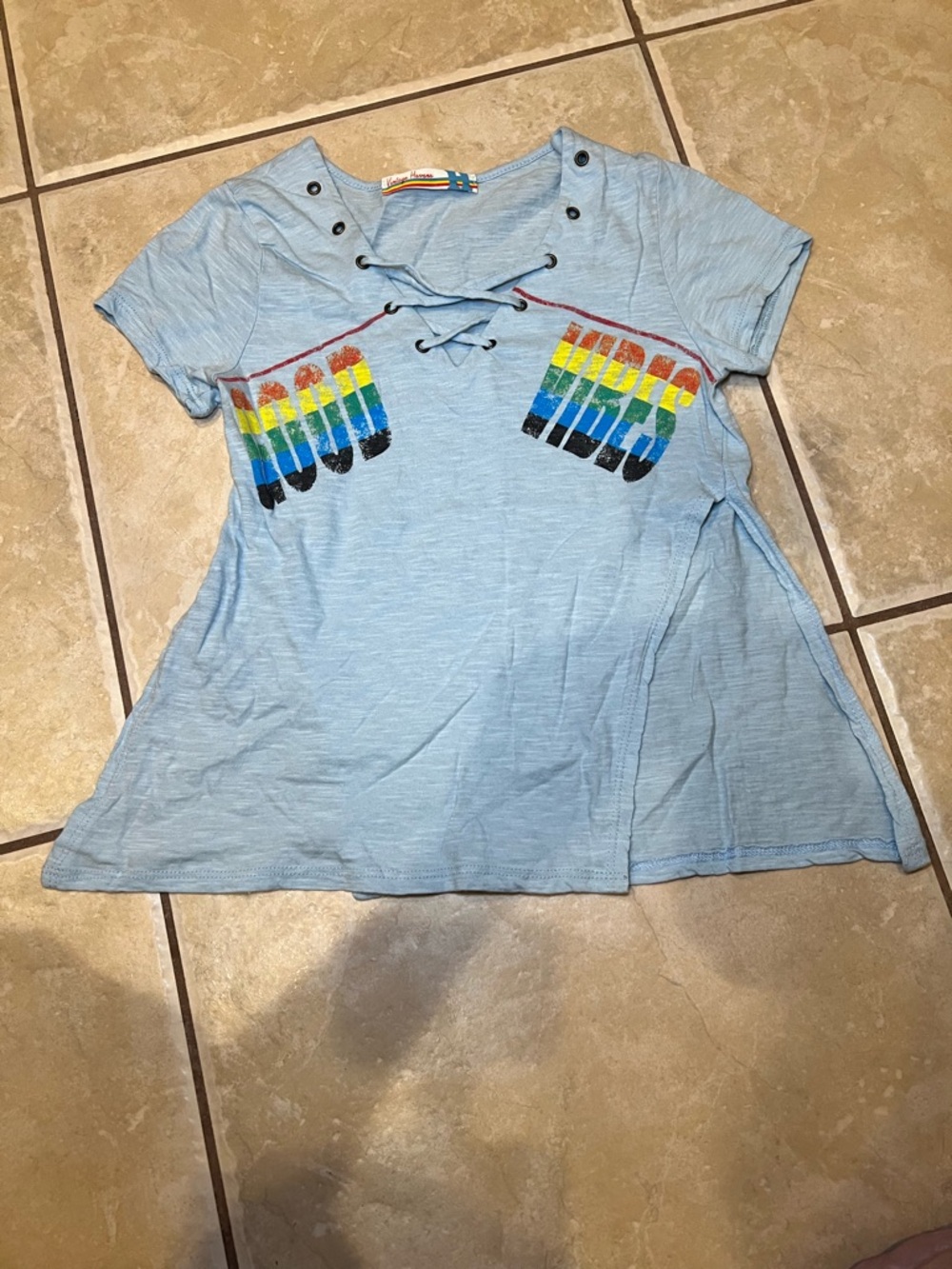 Vintage Havana Lace Up Neckline Light Blue Tee with Rainbow Good Vibes Graphic